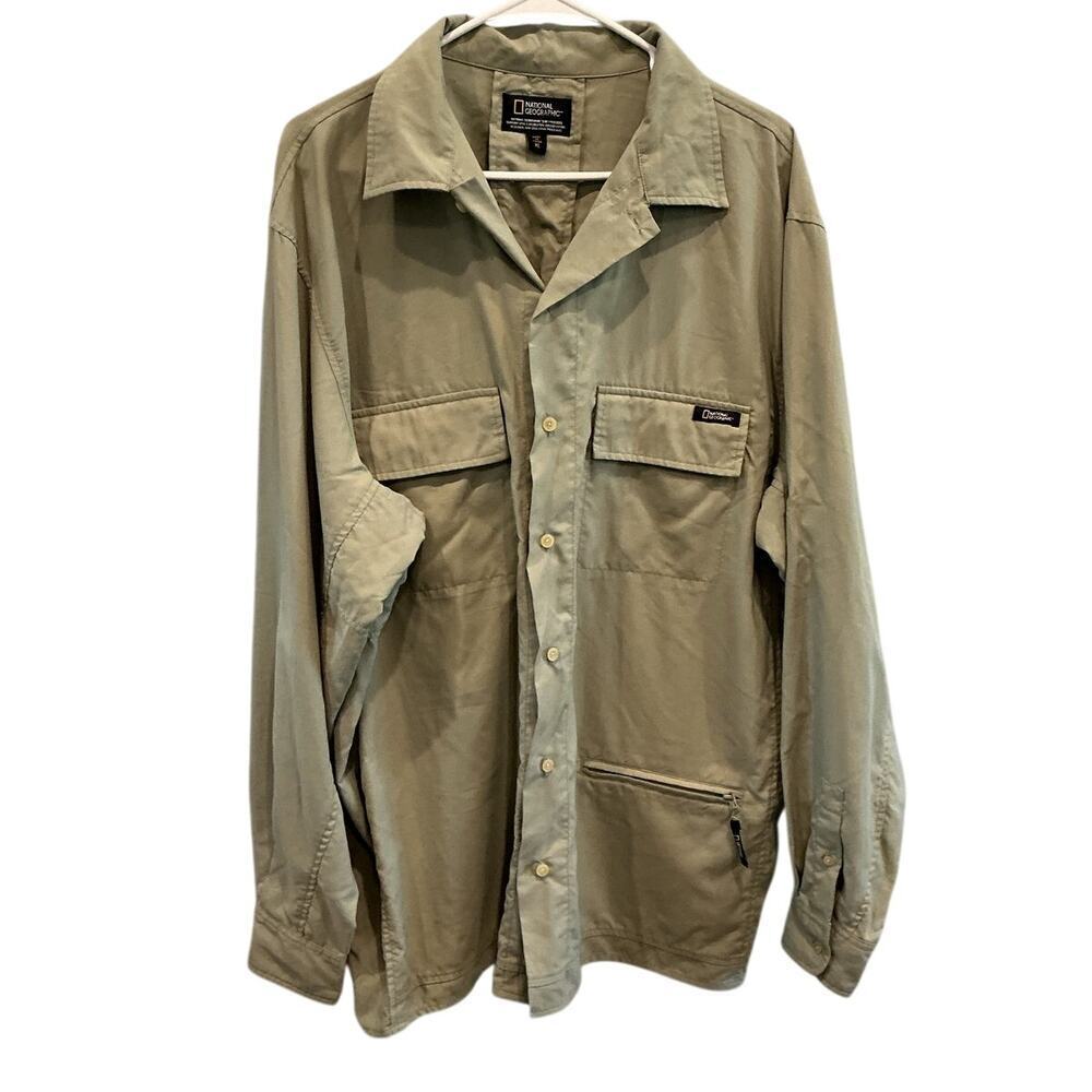 National Geographic Mens Nylon Safari Shirt Size XL Green Vented Outdoor Hiking